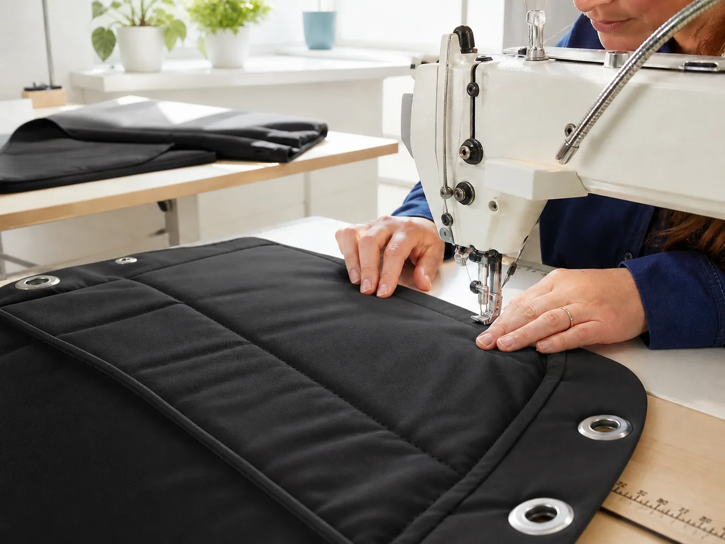 Couture d’une protection rembourrée dans l’atelier Maison Brugères